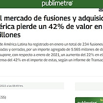 El mercado de fusiones y adquisiciones de Latinoamrica pierde un 42% de valor en enero, con 4.904 millones